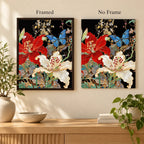 Framed and no-frame comparison for Red Hibiscus White Lily Butterfly Diamond Painting Kit.