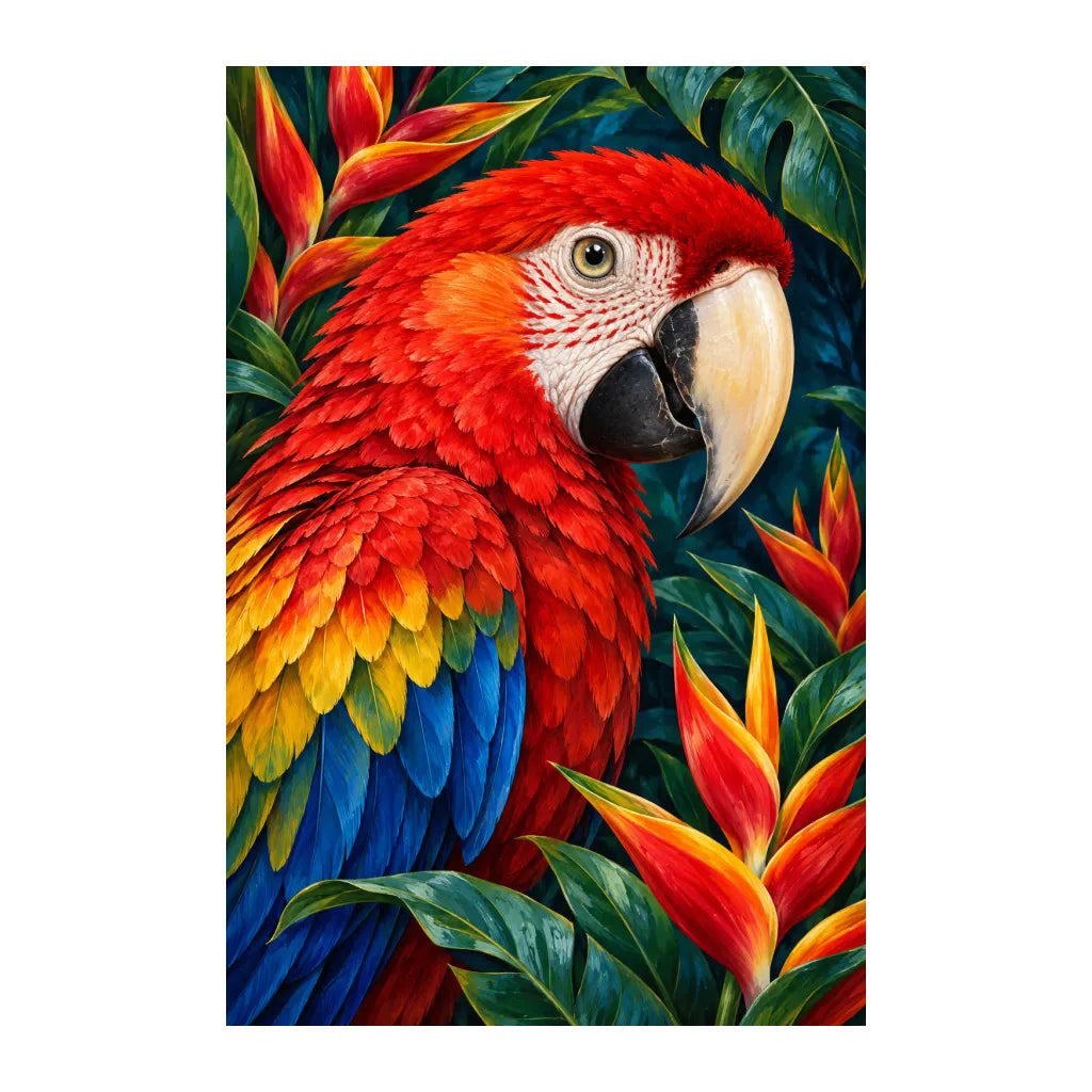 White-background original artwork of a scarlet macaw with blue wings among tropical flowers