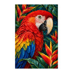White-background finished diamond painting of a red macaw with blue wings among tropical flowers