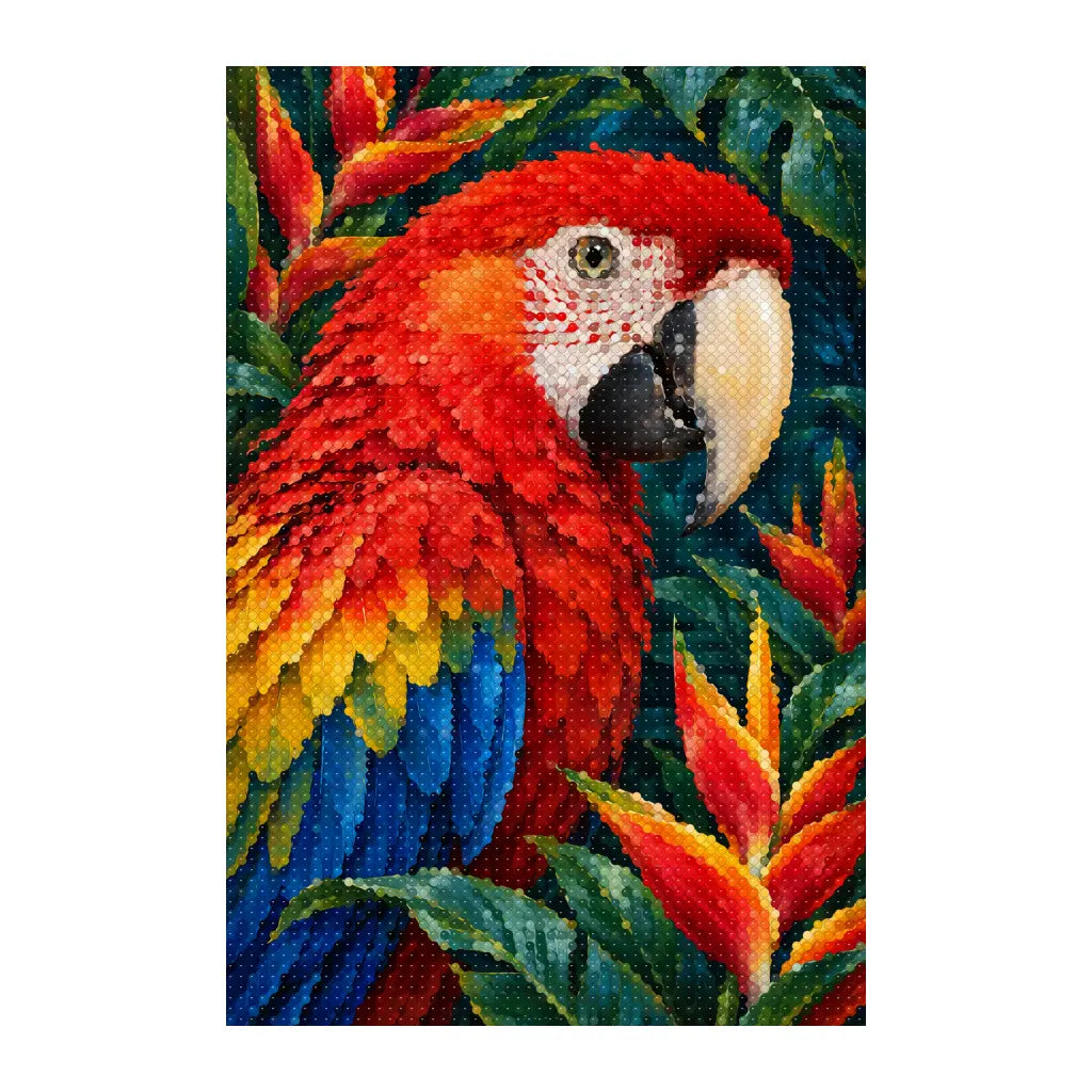 White-background finished diamond painting of a red macaw with blue wings among tropical flowers