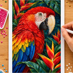 Diamond painting process showing a red macaw and tropical blooms being completed with a stylus