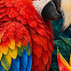 Close-up diamond drill detail of red macaw feathers and tropical petals