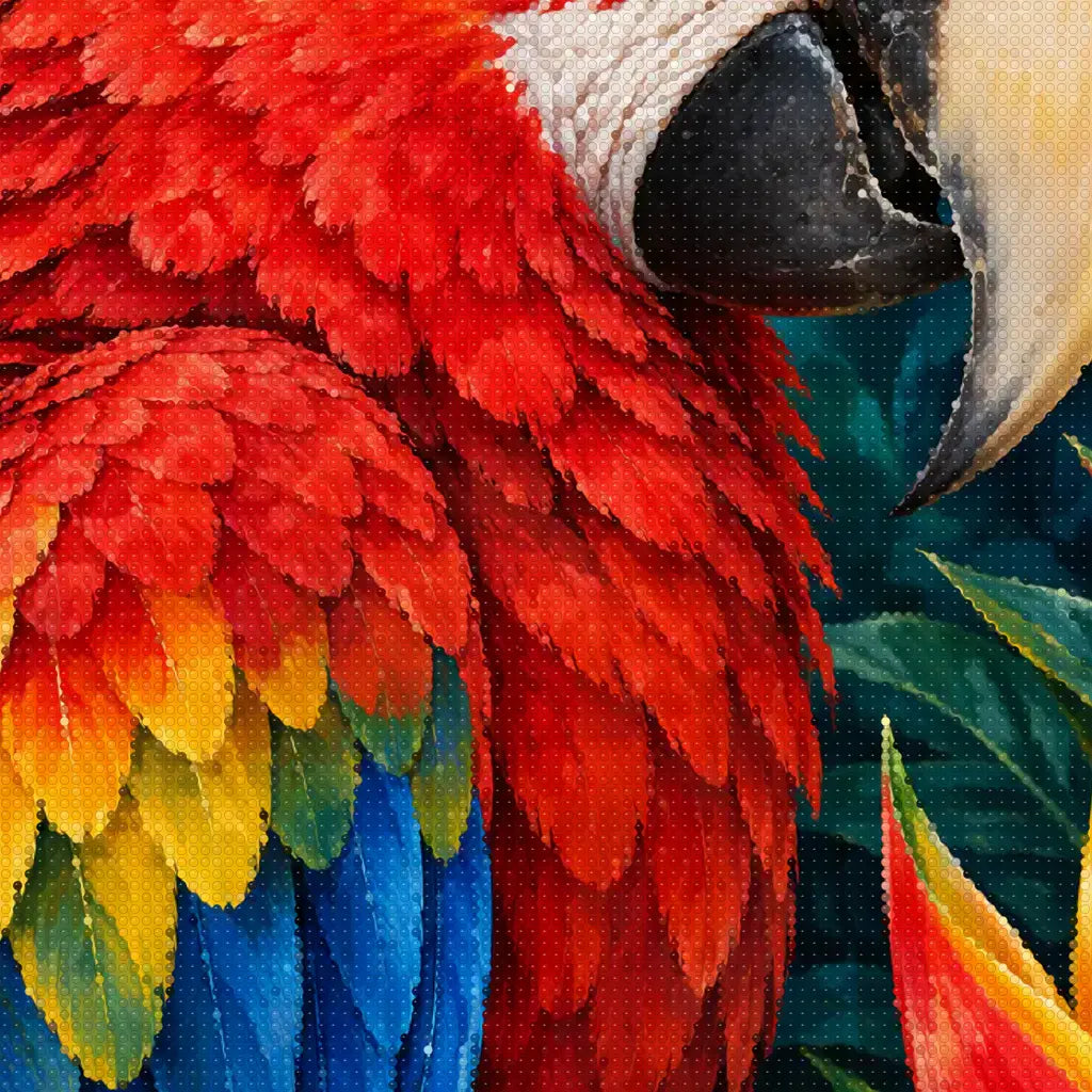 Close-up diamond drill detail of red macaw feathers and tropical petals