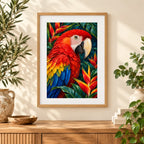 Framed red macaw with tropical flowers diamond painting displayed as home decor
