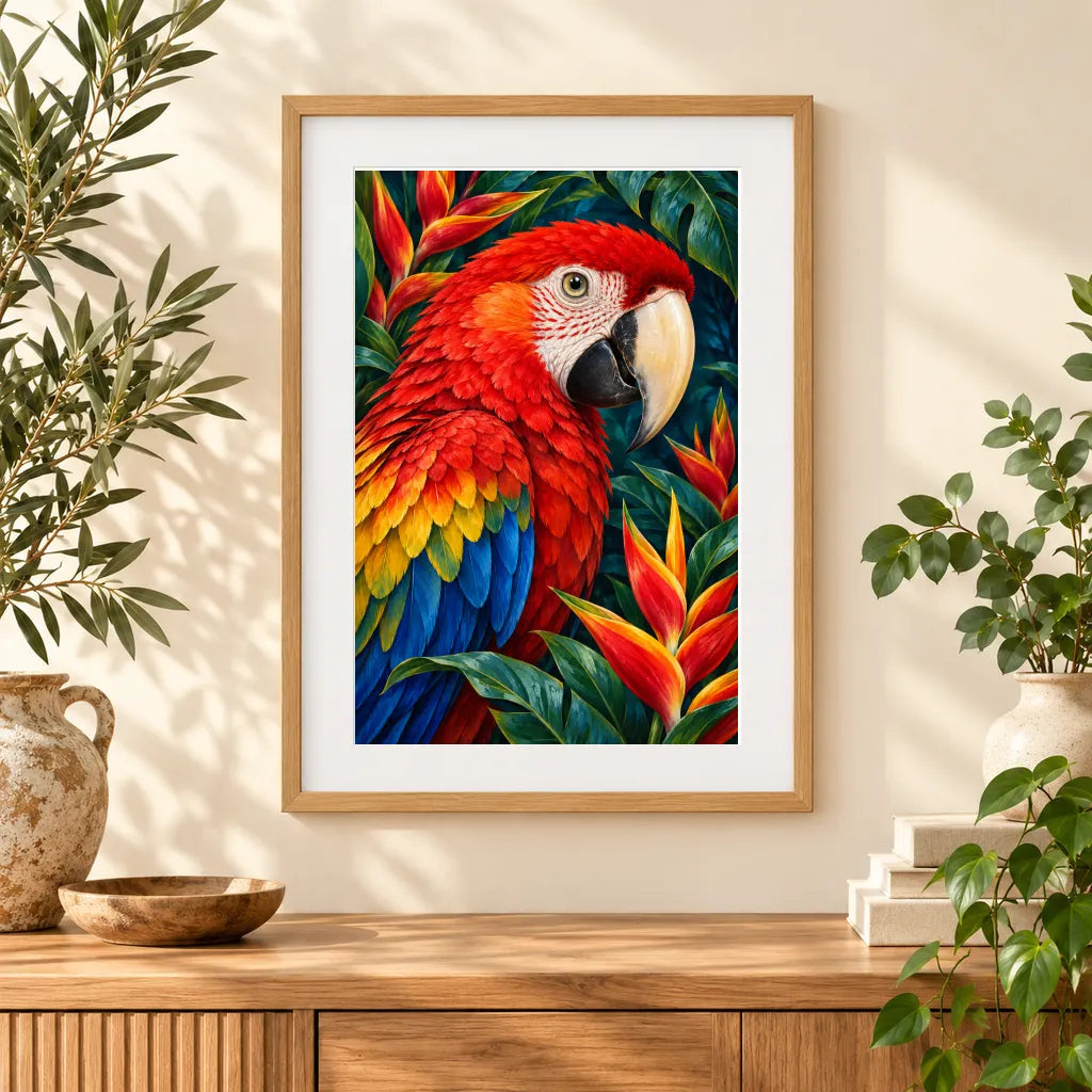 Framed red macaw with tropical flowers diamond painting displayed as home decor