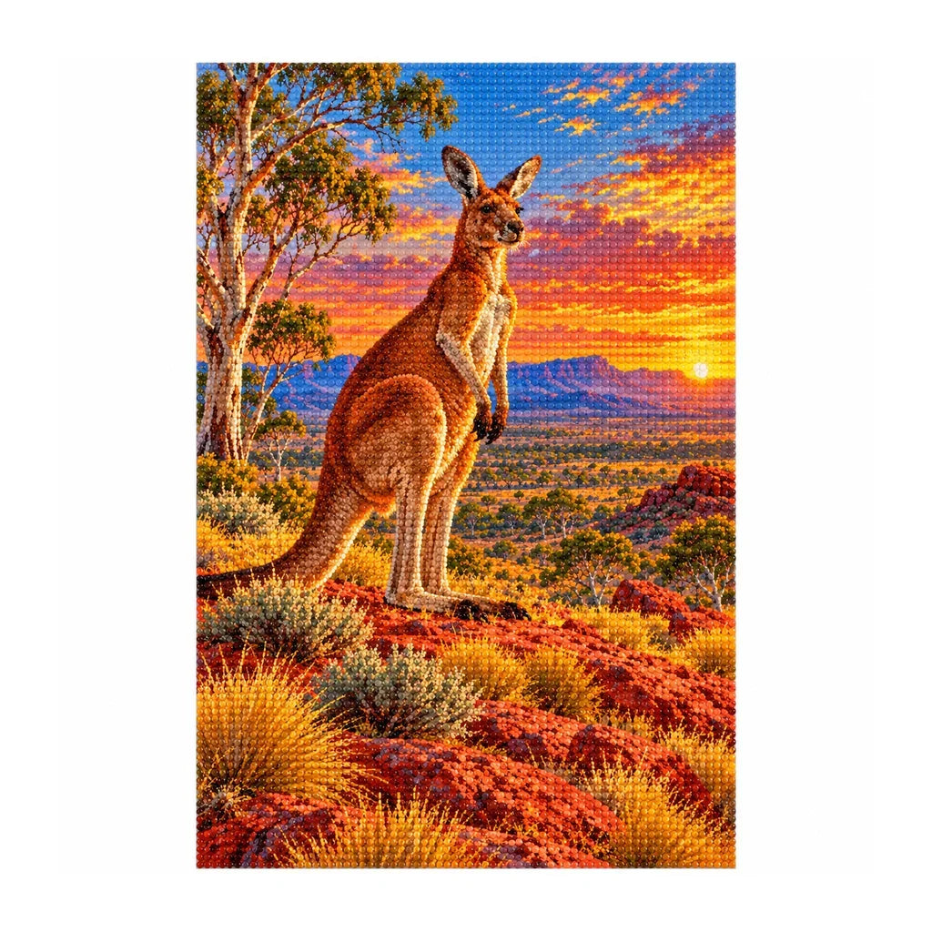 White-background finished diamond painting of Red Outback Kangaroo.