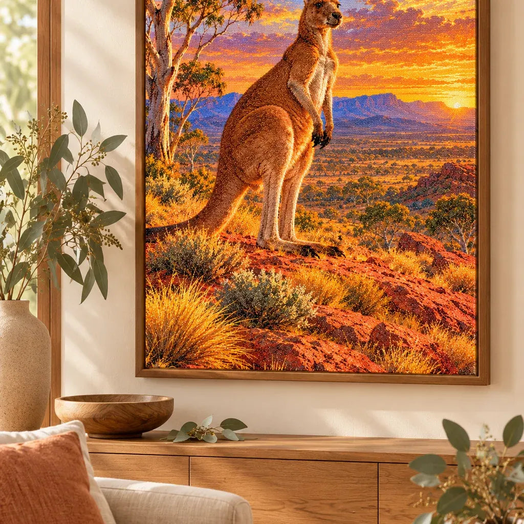 Framed Red Outback Kangaroo diamond painting displayed as home decor.