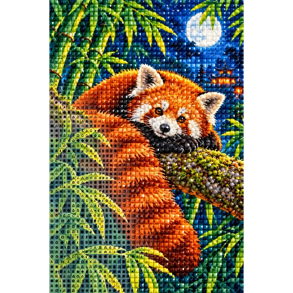 Red Panda Bamboo Moonlight Diamond Painting Kit — canvas and drill material detail