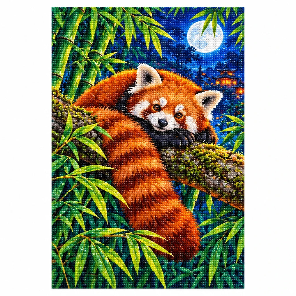 Red Panda Bamboo Moonlight Diamond Painting Kit — finished diamond painting on white background