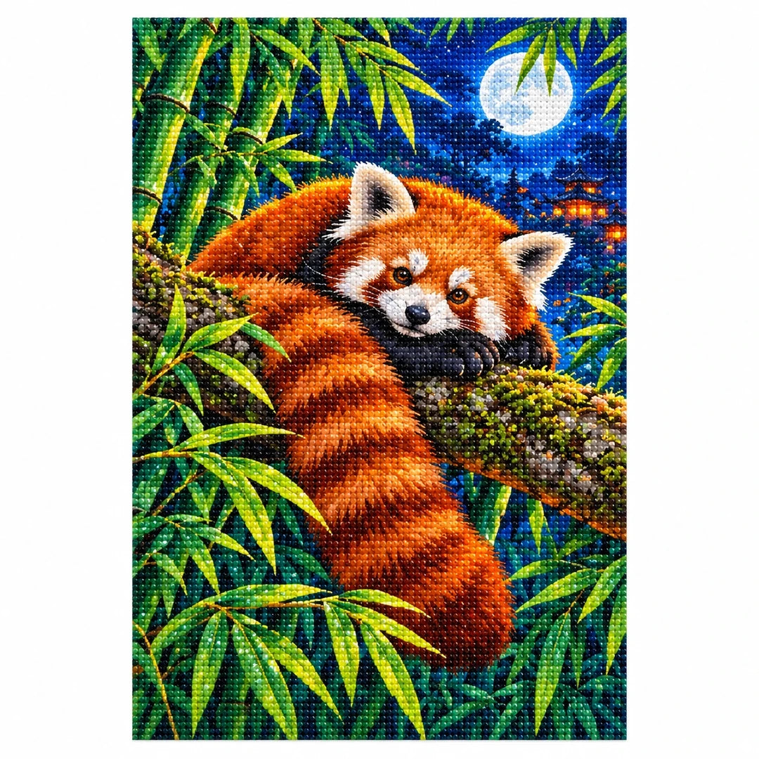 Red Panda Bamboo Moonlight Diamond Painting Kit — finished diamond painting on white background