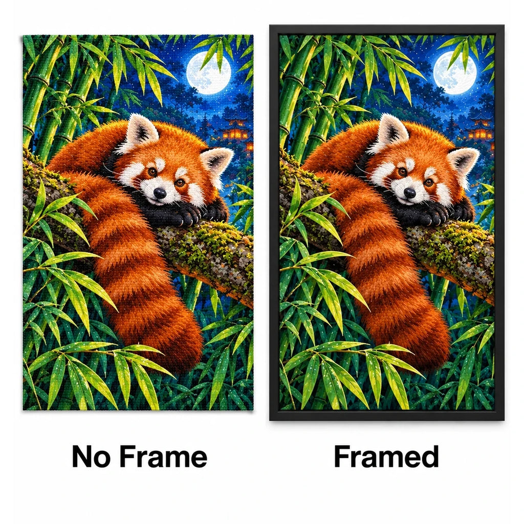 Red Panda Bamboo Moonlight Diamond Painting Kit — No Frame and Framed style comparison