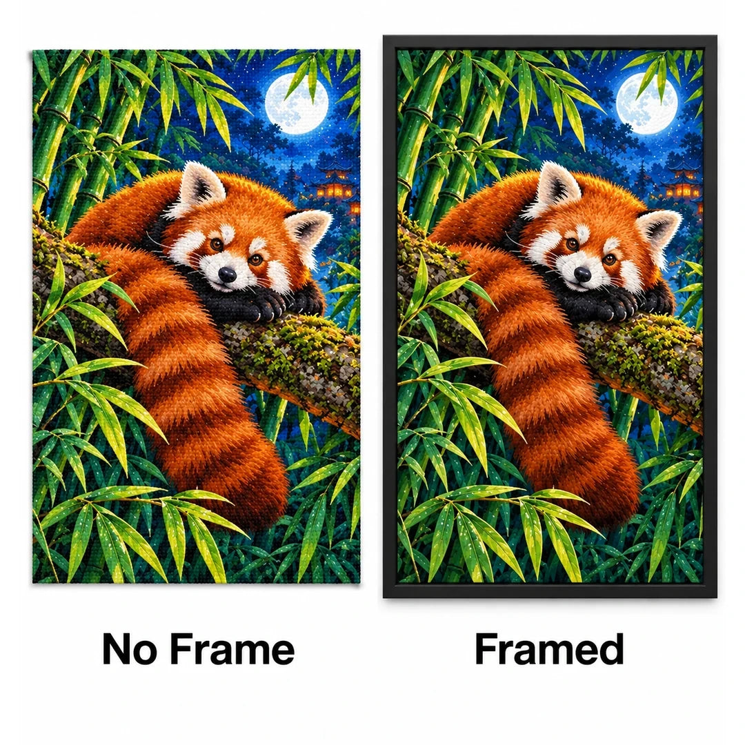 Red Panda Bamboo Moonlight Diamond Painting Kit — No Frame and Framed style comparison