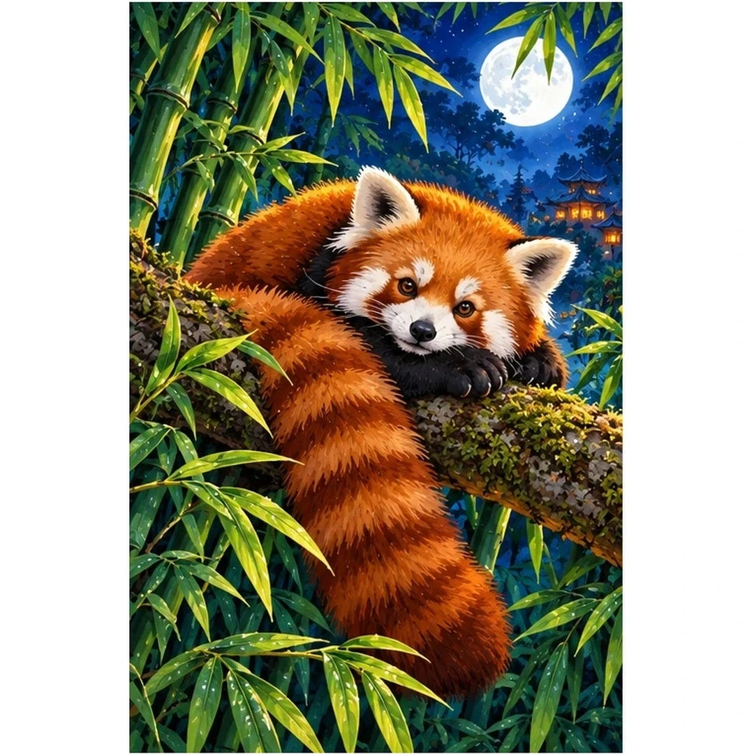 Red Panda Bamboo Moonlight Diamond Painting Kit — original white-background artwork