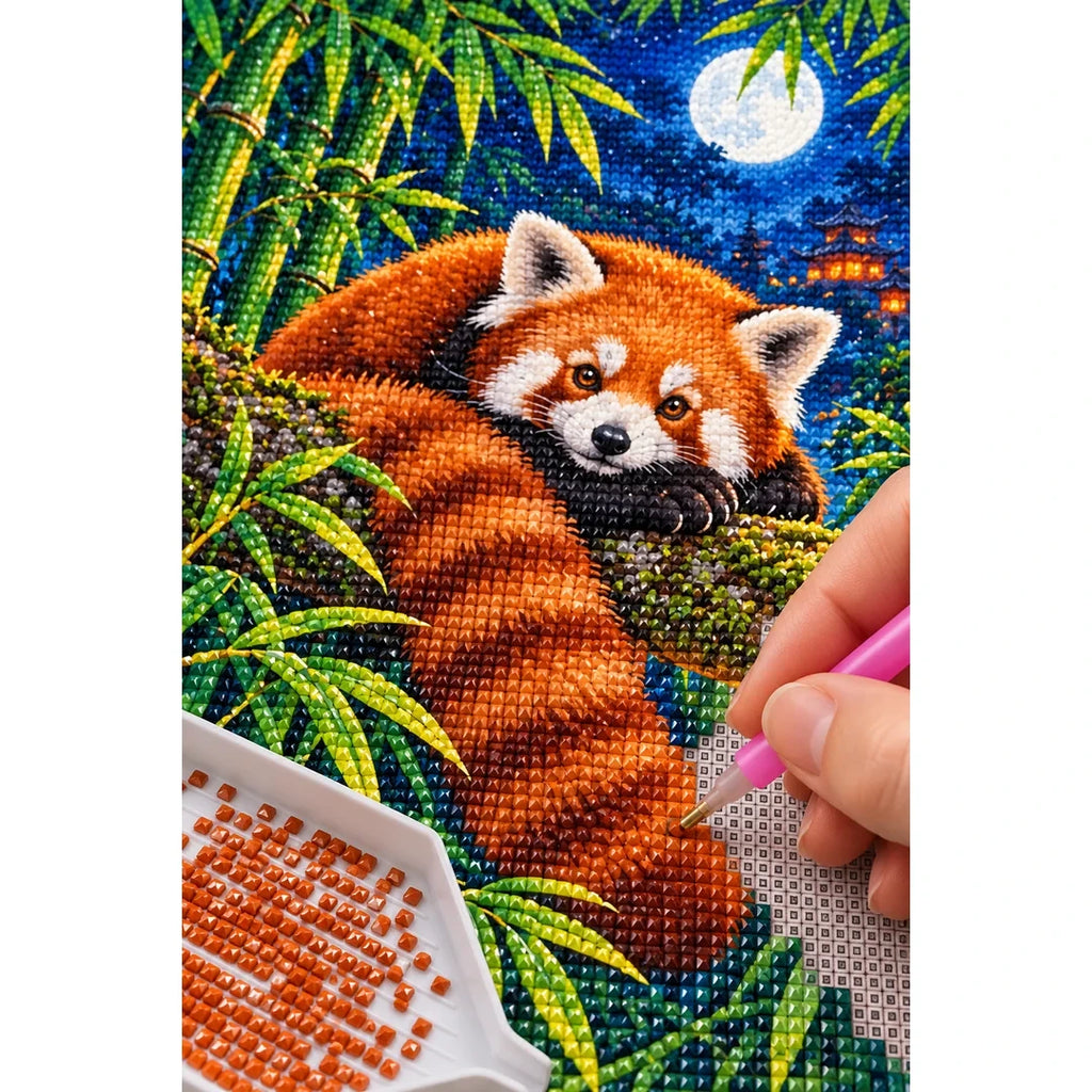 Red Panda Bamboo Moonlight Diamond Painting Kit — diamond painting application process