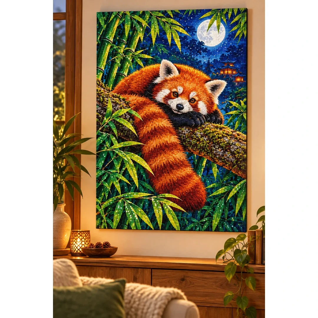 Red Panda Bamboo Moonlight Diamond Painting Kit — finished diamond painting in a home setting