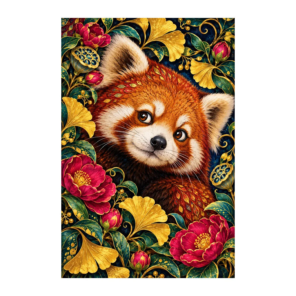 Original white-background artwork of Red Panda Ginkgo Bloom Frame