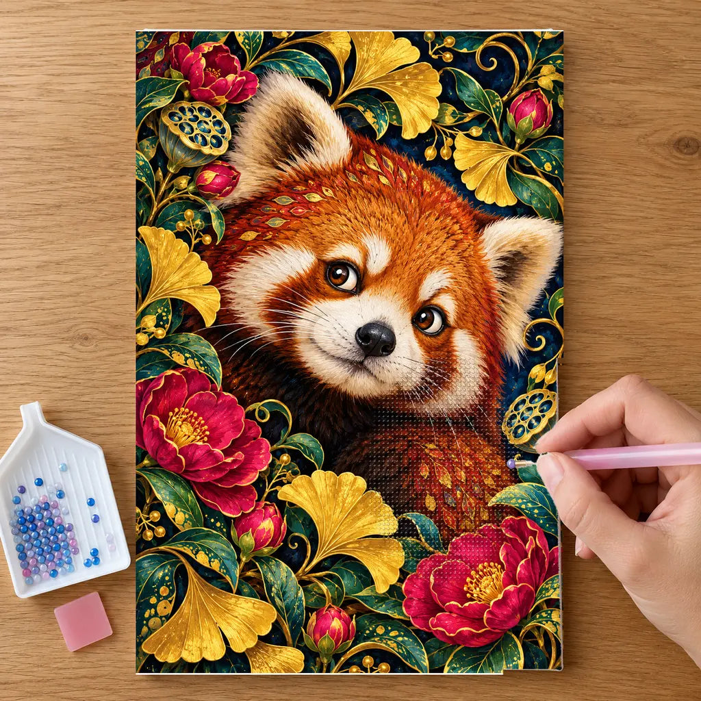 Hands placing drills on the Red Panda Ginkgo Bloom Frame diamond painting canvas