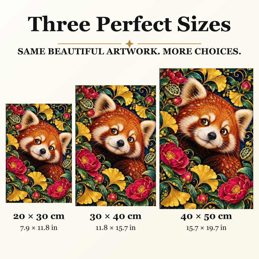 Red Panda Ginkgo Bloom Frame diamond painting in 20 by 30, 30 by 40, and 40 by 50 centimeter sizes