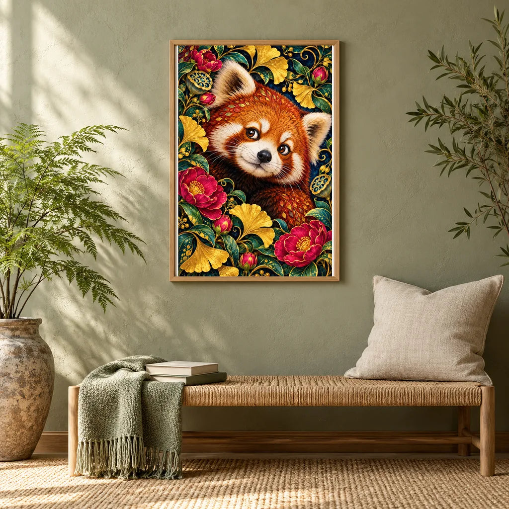 Framed Red Panda Ginkgo Bloom Frame diamond painting displayed in a home interior