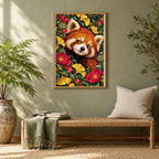 Framed Red Panda Ginkgo Bloom Frame diamond painting displayed in a home interior