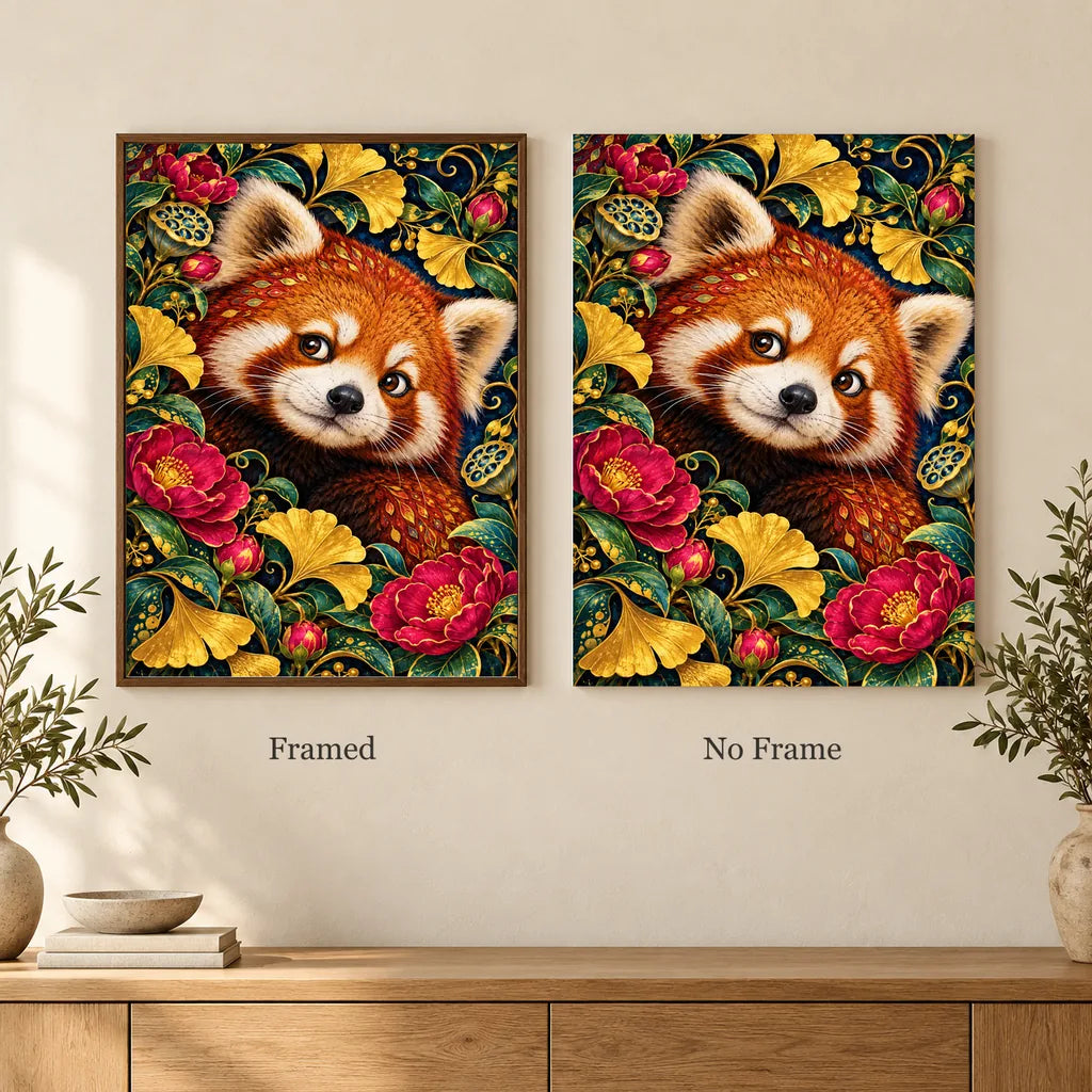 Framed and no-frame options for the Red Panda Ginkgo Bloom Frame diamond painting