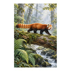 Original red panda artwork walking along a mossy log in a forest