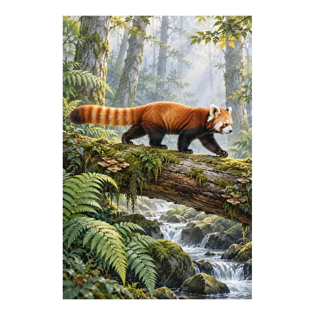 Original red panda artwork walking along a mossy log in a forest