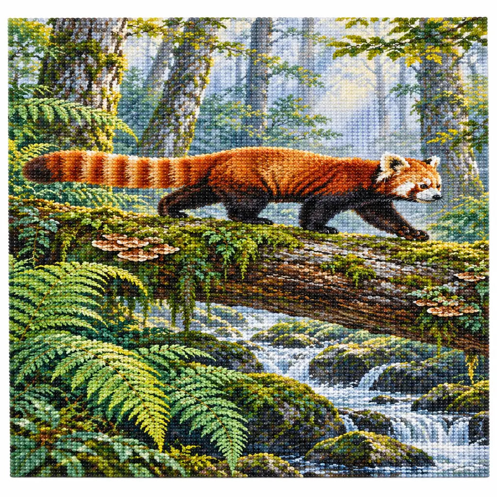 Completed diamond painting of a red panda on a mossy log on a white background