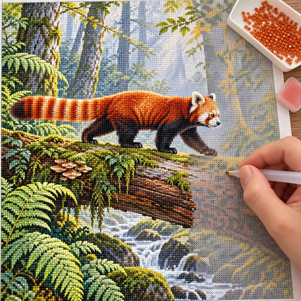 Hands placing drills on the red panda mossy log diamond painting canvas