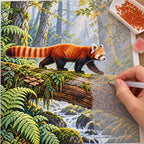 Hands placing drills on the red panda mossy log diamond painting canvas