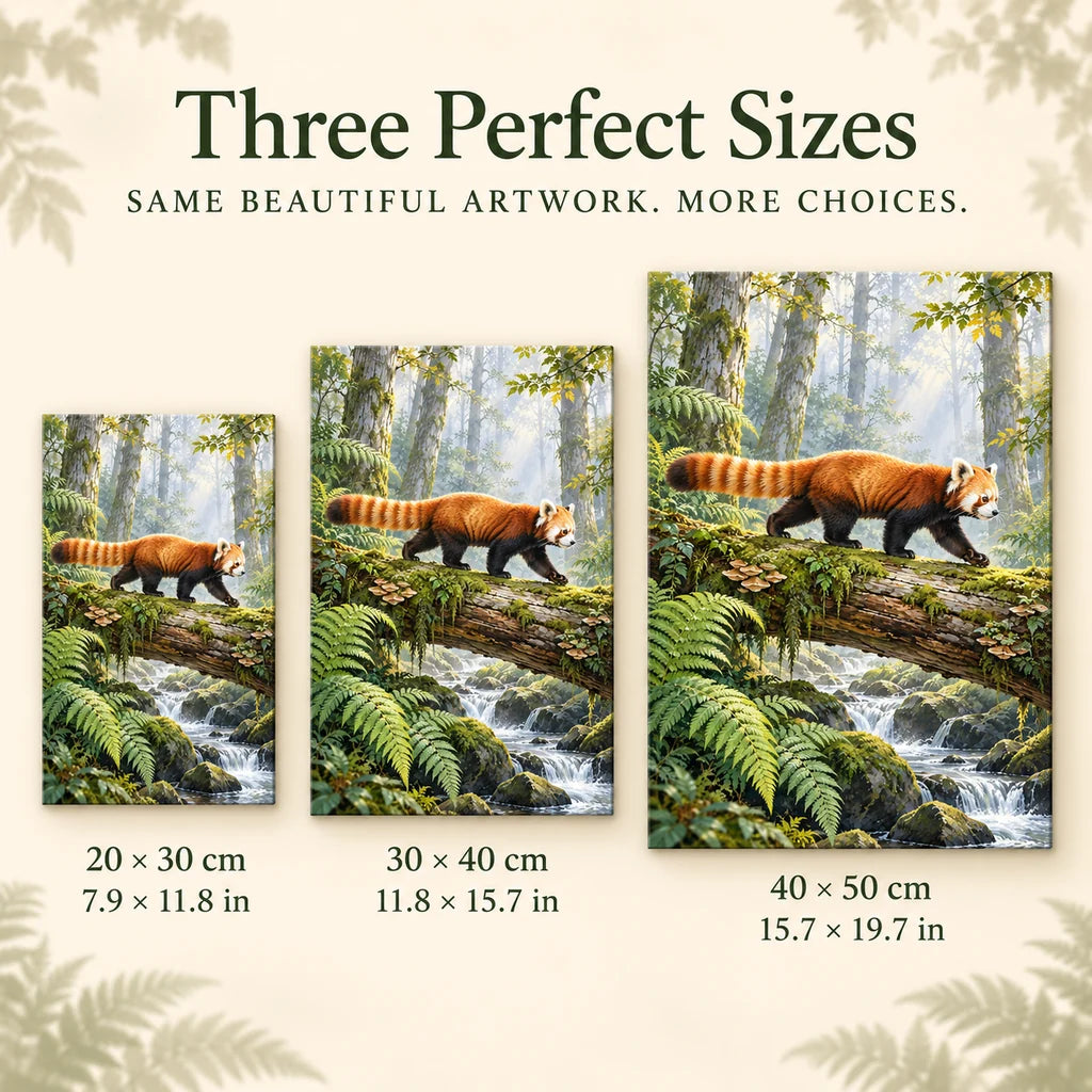 Three size options for the red panda mossy log diamond painting: 20 × 30, 30 × 40, and 40 × 50 cm