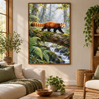 Framed red panda mossy log diamond painting displayed in a woodland-inspired home