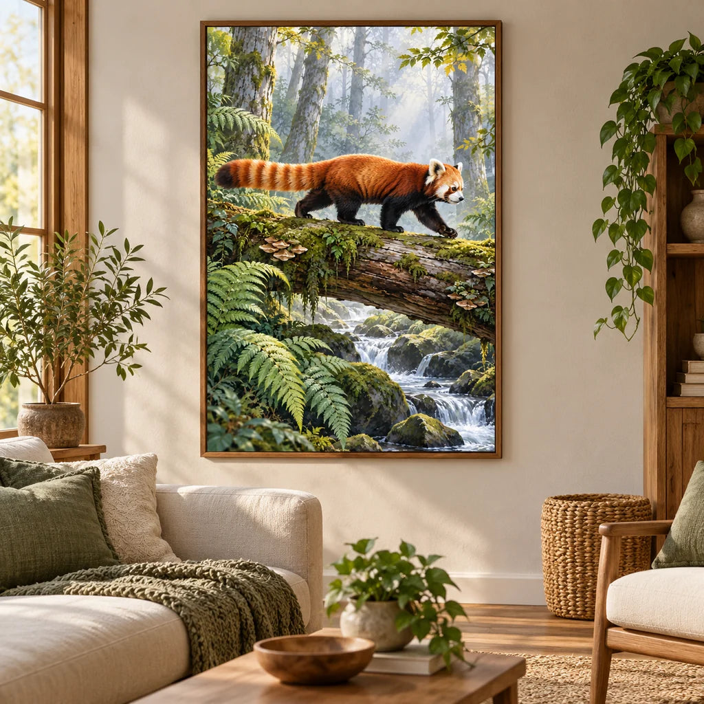 Framed red panda mossy log diamond painting displayed in a woodland-inspired home