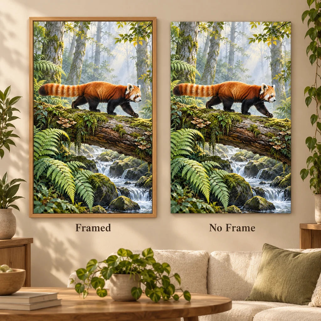 Framed and no-frame options for the red panda mossy log diamond painting