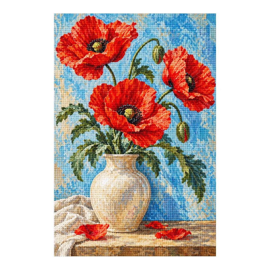 Red poppies arranged in a cream vase: finished diamond painting on a white background