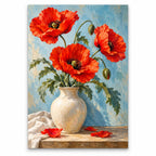 Red poppies arranged in a cream vase: original artwork on a white background