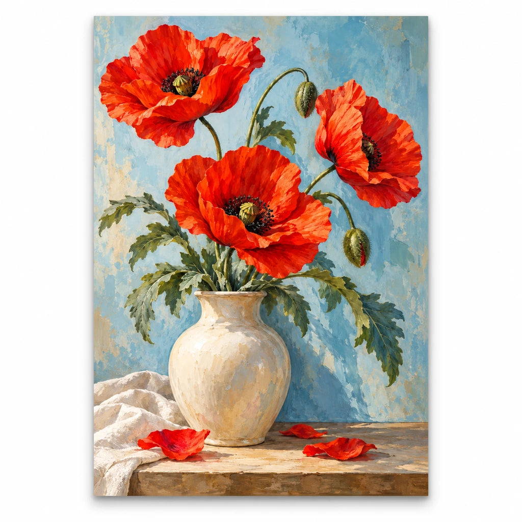 Red poppies arranged in a cream vase: original artwork on a white background
