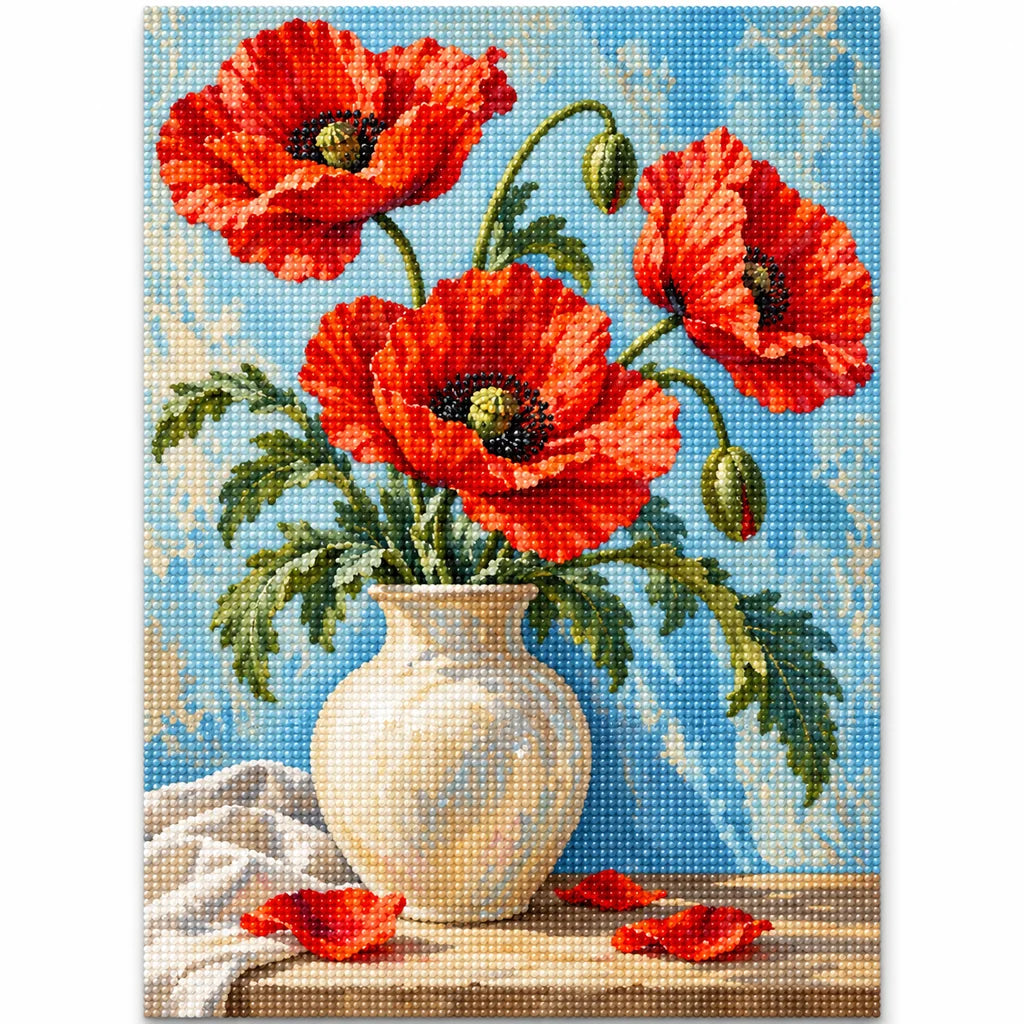 Red poppies arranged in a cream vase: finished diamond painting on a white background