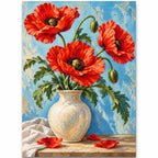 Red poppies arranged in a cream vase: finished diamond painting on a white background