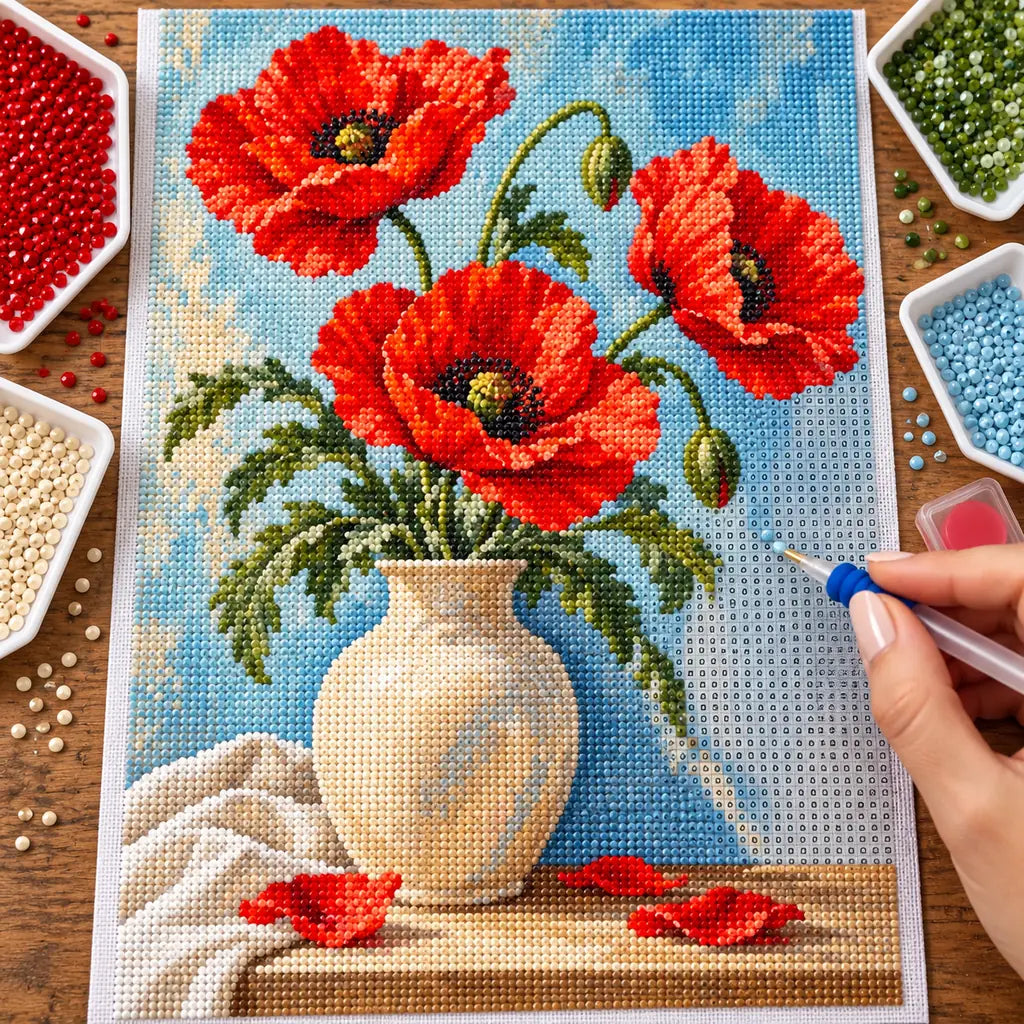 Red poppies arranged in a cream vase: diamond painting being completed with a pen