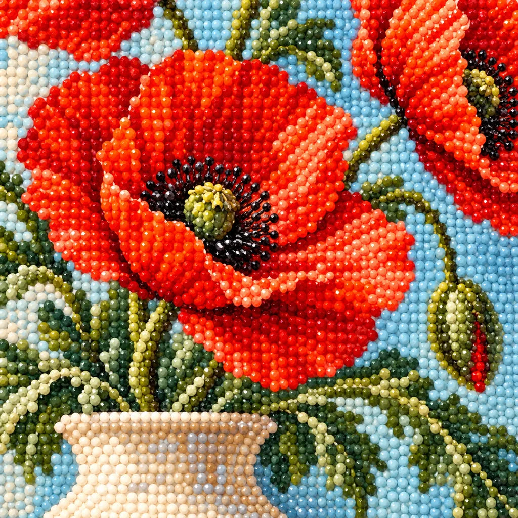 Red poppies arranged in a cream vase: close-up of diamond drills