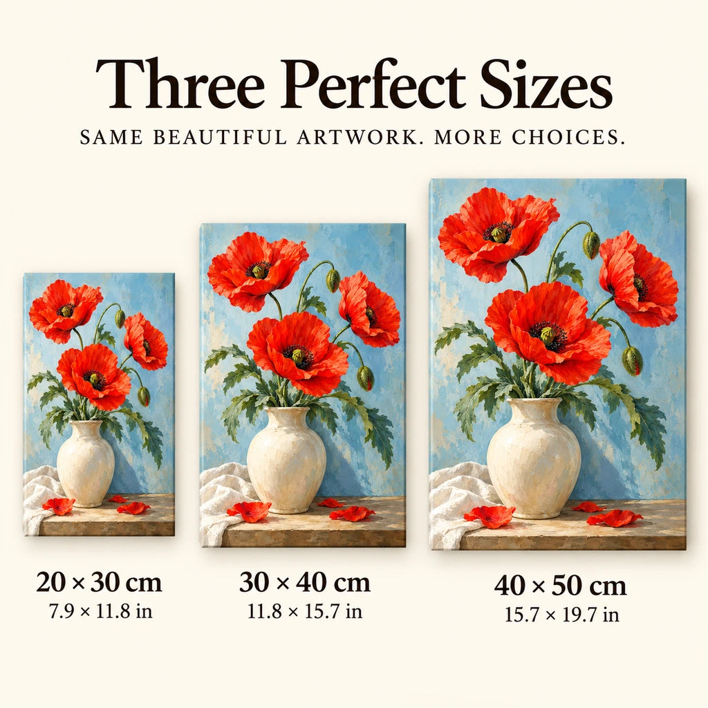 Red poppies arranged in a cream vase: size guide showing three available dimensions
