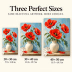 Red poppies arranged in a cream vase: size guide showing three available dimensions