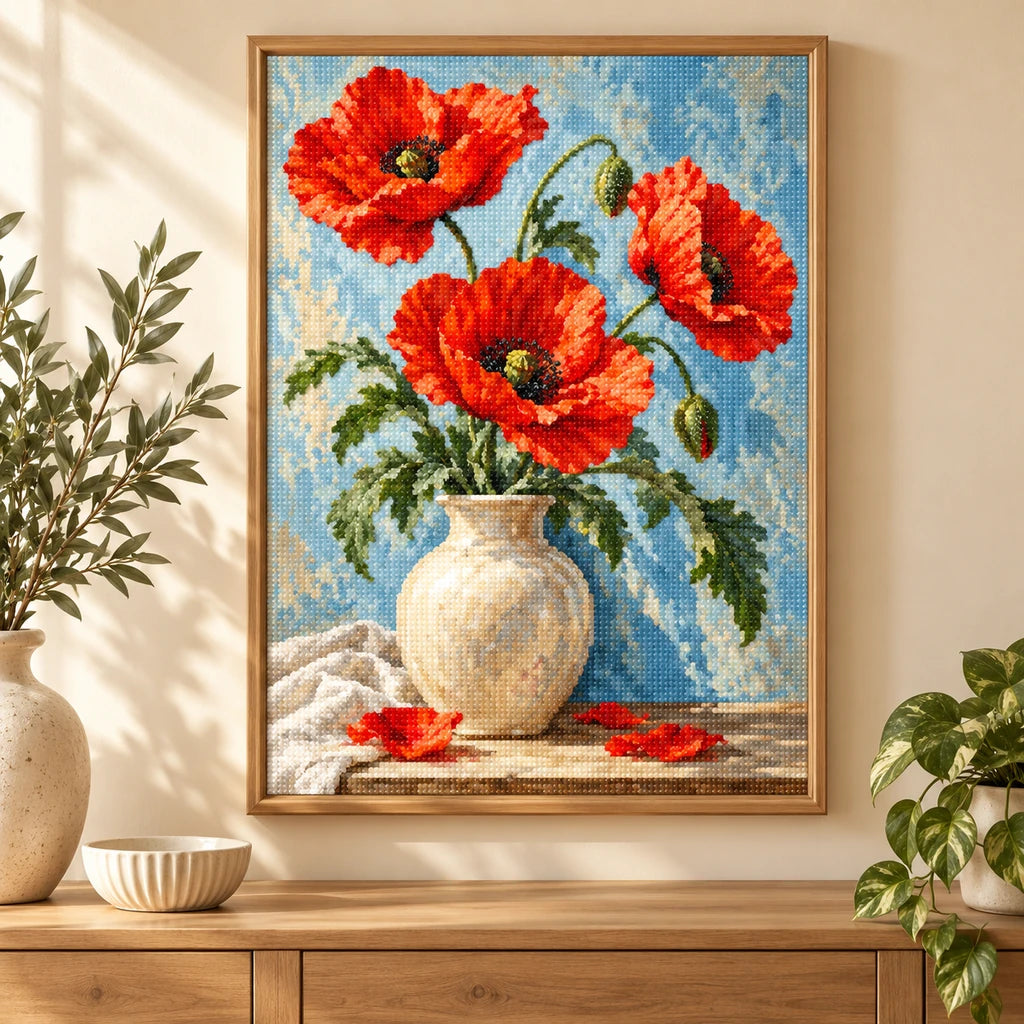 Red poppies arranged in a cream vase: diamond painting displayed as home wall decor