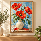 Red poppies arranged in a cream vase: diamond painting displayed as home wall decor