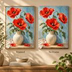 Red poppies arranged in a cream vase: framed and no-frame style comparison