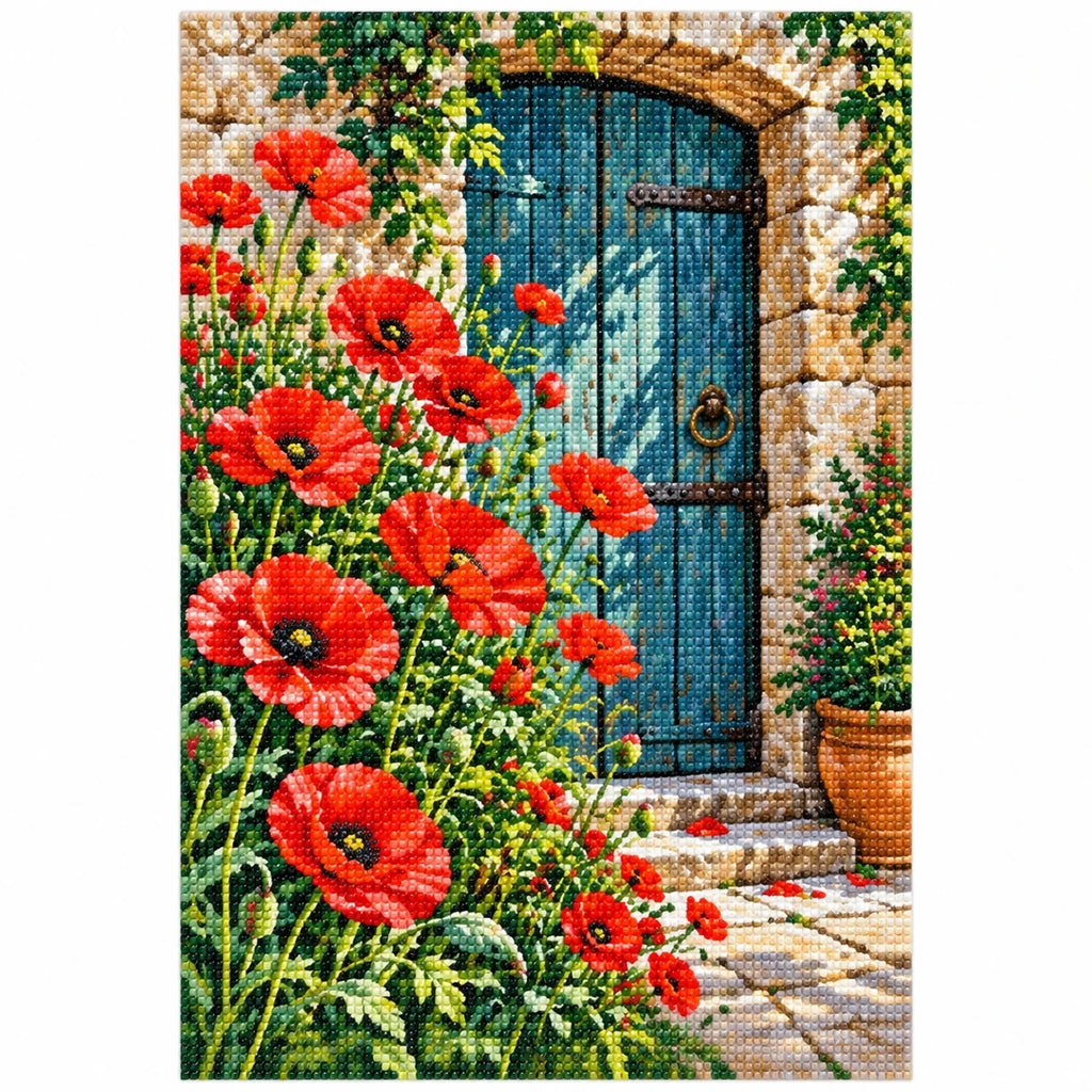 Red Poppy Cottage Door Diamond Painting Kit finished diamond artwork on white background