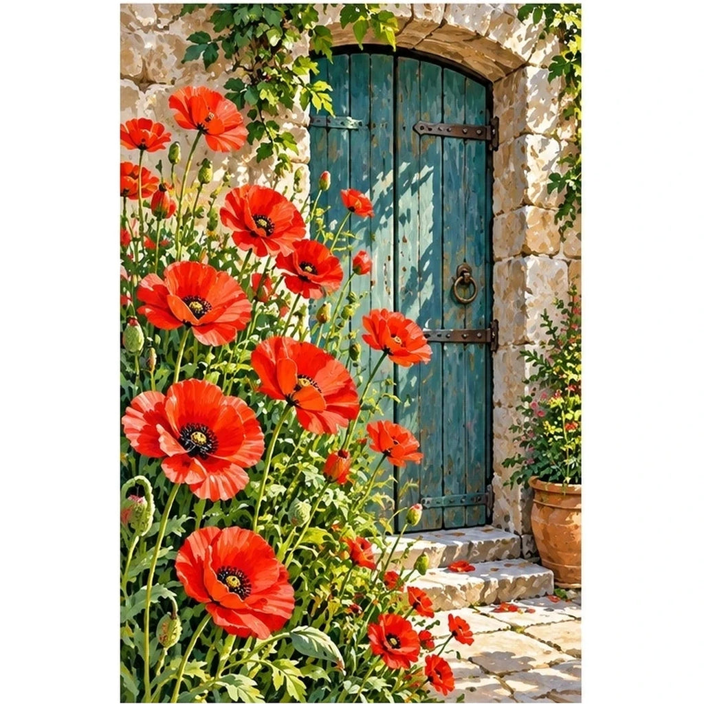Red Poppy Cottage Door original artwork on white background