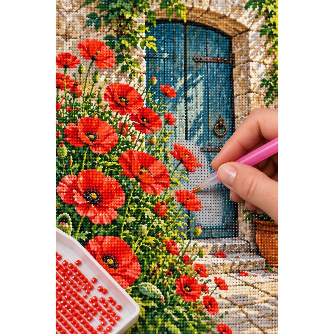 Red Poppy Cottage Door Diamond Painting Kit diamond placement process