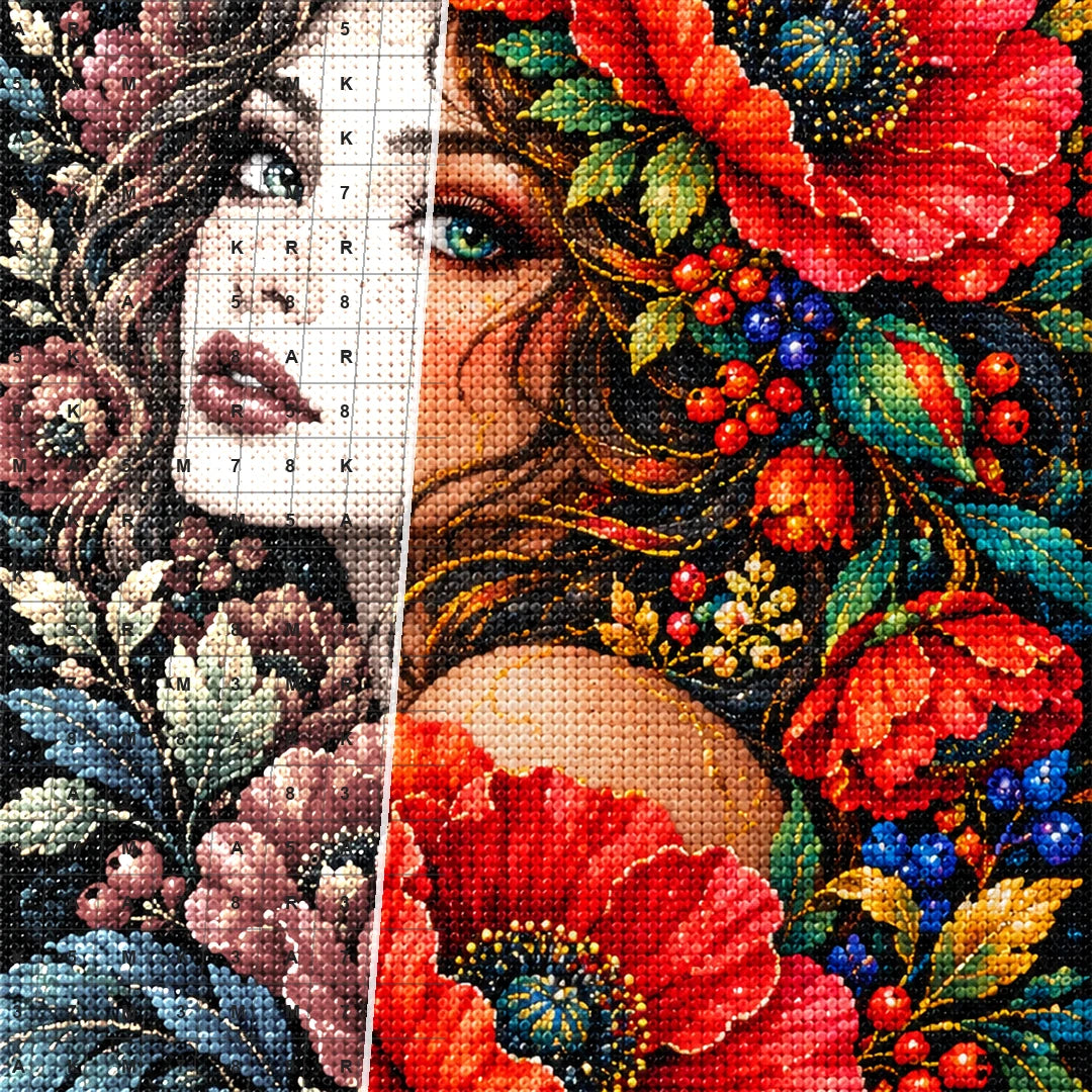 Red Poppy Muse Diamond Painting Kit — Diamond and canvas detail
